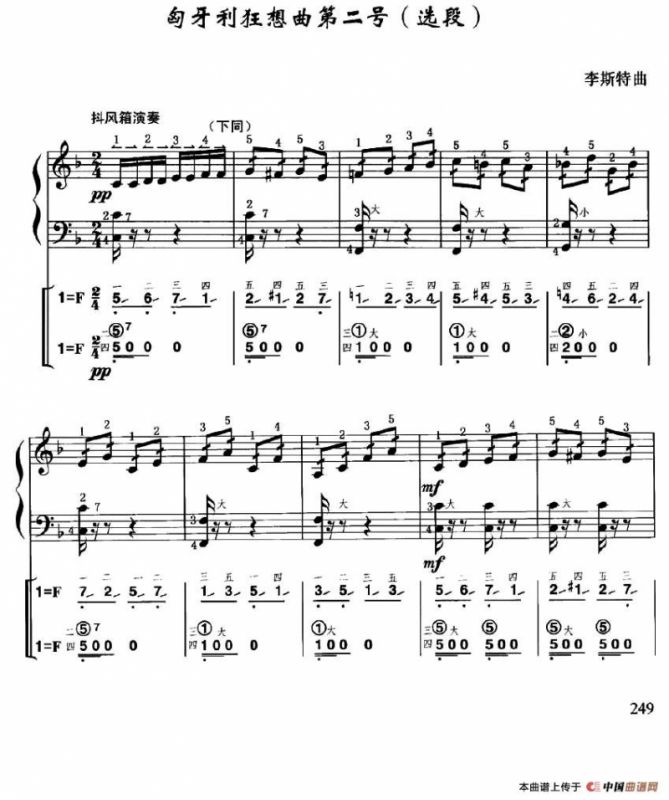 匈牙利狂想曲第二号（选段）（线简谱对照、带指法版）